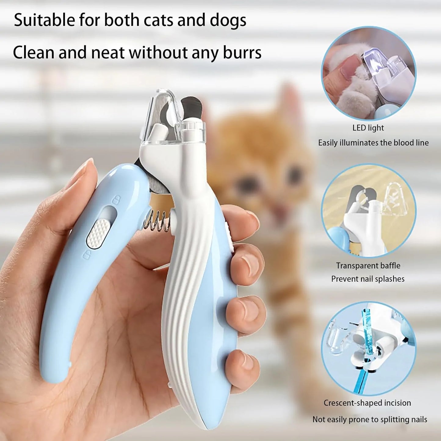 Pet nail trimmer held in a hand with features