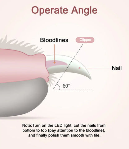 Diagram showing the correct form for clipping a pet's nail with labels for 'Bloodlines', 'Nail', and 'Clipper'.